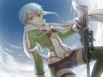  anti-materiel_rifle blue_eyes blue_hair fingerless_gloves gloves gun nyame pgm_hecate_ii rifle scarf short_hair short_shorts shorts sinon sniper_rifle sword_art_online weapon 