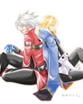  black_pants blazblue blonde_hair box brothers gift gift_box jin_kisaragi multiple_boys pants ragna_the_bloodedge siblings silver_hair 