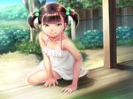  1girl arm_support artist_request bare_shoulders brown_eyes brown_hair child dress fang female game_cg hair_bobbles hair_ornament in&#039;en in'en looking_at_viewer short_twintails shouji_suzuka solo sundress twintails white_dress 