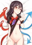  1girl :o asymmetrical_wings bar_censor bed_sheet black_hair bottomless bow bowtie breasts censored cowboy_shot dress dress_lift eyebrows_visible_through_hair gluteal_fold hair_between_eyes houjuu_nue lifted_by_self long_hair looking_at_viewer lying navel nipples no_bra on_back pointy_ears pspmaru red_eyes red_neckwear short_sleeves small_breasts solo stomach touhou wings 