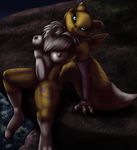  black_sclera blue_eyes breasts canine chest_tuft claws digimon digitigrade female fingerless_gloves fox fur gloves looking_at_viewer mammal moltsi neck_ruff nipples nude renamon sitting solo three_fingers tuft white_fur yellow_fur 