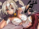  bad_id bad_pixiv_id between_breasts blonde_hair breasts chin_rest cleavage dark_skin glasses gloves kantai_collection large_breasts long_hair looking_at_viewer lying musashi_(kantai_collection) navel on_side parted_lips pleated_skirt pointy_hair red_eyes sarashi skirt solo tokita_monta translated twintails underboob 