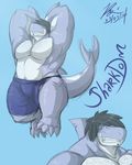  anthro biceps chubby clothing fish flammars hair looking_at_viewer male marine musclegut muscles pecs pose shark shorts smile solo 