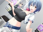  1girl absurdres belt blue_hair blush breasts brown_eyes chair game_cg happy highres huge_breasts jacket jiyu2 looking_at_viewer mazo_x_love midriff navel open_mouth poster shirotsugu_yuuto short_hair skirt smile solo standing table 