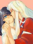  1girl alternate_eye_color animal_ears black_hair blue_eyes closed_eyes commentary_request couple cover cover_page dog_ears doujin_cover hetero higurashi_kagome hirado57 holding_hands imminent_kiss inuyasha inuyasha_(character) jewelry long_hair necklace one_eye_closed pearl_necklace profile simple_background white_hair 
