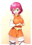  bare_shoulders bracelet breasts detached_sleeves final_fantasy final_fantasy_v gradient gradient_background green_eyes jewelry large_breasts lenna_charlotte_tycoon looking_at_viewer navel onsoku_maru open_mouth orange_shirt pink_hair shirt short_hair smile solo thighhighs white_legwear yellow_background 