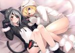  artist_name ass blonde_hair blush cat_tail charlotte_dunois eyepatch fukahire_(ruinon) gloves highres hood hoodie infinite_stratos laura_bodewig long_legs lying multiple_girls on_back on_side panties paw_gloves paws purple_eyes red_hair scan striped striped_panties tail thigh_strap underwear white_panties 