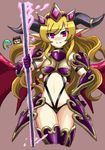  armor bird blonde_hair demon_girl demon_wings earrings heart heart_earrings highres horns jewelry junu lilith_(p&amp;d) long_hair midriff navel owl pointy_ears purple_eyes puzzle_&amp;_dragons smile snake wavy_hair wings 