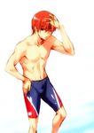  brown_hair hand_on_own_head jammers little_busters! male_focus natsume_kyousuke nipples red_eyes shirtless solo wet zen 