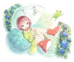  :d boots brown_eyes floating flower frog full_body hydrangea jumping leaf looking_up mimizubare no_pants open_mouth original pink_hair plant polka_dot polka_dot_footwear puddle raincoat rubber_boots shoes short_hair smile solo teruterubouzu umbrella water 