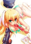  angry bikini blonde_hair breasts chopsticks cleavage food front-tie_top green_eyes gun hat ikayaki jpeg_artifacts little_busters! long_hair medium_breasts psg-1 ribbon rifle scope shiny shiny_skin side-tie_bikini sniper_rifle solo striped striped_bikini swimsuit tokido_saya twintails weapon zen 