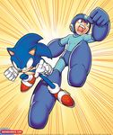  blue_armor blue_eyes blue_fur crossover fur green_eyes hedgehog male mammal mega_man_(character) mega_man_(series) open_mouth plain_background sega shoes smile smirk sonic_(series) sonic_the_hedgehog teeth unknown_artist video_games yelling 