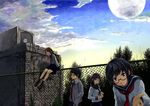  3girls fence full_moon glasses koruse long_hair looking_at_viewer moon multiple_girls original school_uniform semi-rimless_eyewear serafuku sky smile under-rim_eyewear 