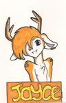  blue_eyes cervine cute deer ear_piercing fur gay girly horn jayce looking_at_viewer male mammal orange_fur piercing smile solo text topless 