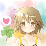  1girl alternate_costume blush brown_eyes brown_hair bust camisole clover collarbone dan_ball_(4718) four-leaf_clover hair_ornament hairpin heart hidamari_sketch looking_at_viewer short_hair smile solo speech_bubble spoken_heart upper_body yuno 