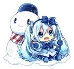  :&gt; :d blue_eyes blue_hair chibi hatsune_miku kagami_leo long_hair mittens open_mouth sitting skirt smile snow snowman solo twintails very_long_hair vocaloid white_background yuki_miku 