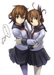  brown_eyes brown_hair folded_ponytail hug ikazuchi_(kantai_collection) inazuma_(kantai_collection) kantai_collection koruse long_sleeves looking_at_viewer multiple_girls pantyhose school_uniform serafuku short_hair simple_background skirt smile translation_request white_background 