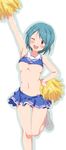  ;d armpits bad_id bad_pixiv_id blue_eyes blue_hair breasts cheerleader crop_top hand_on_hip hoshino. large_breasts mahou_shoujo_madoka_magica midriff miki_sayaka navel one_eye_closed open_mouth pom_poms shiny shiny_skin simple_background smile solo thigh_gap underboob white_background 