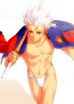  beach jacket jacket_on_shoulders letterman_jacket little_busters! male_focus male_swimwear miyazawa_kengo shinai shirtless solo swim_briefs swimwear sword weapon white_hair zen 