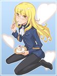  black_legwear blonde_hair cake eating food fork_in_mouth fruit glasses heart highres kawaguchi_hyoue long_hair looking_at_viewer military military_uniform no_shoes pantyhose perrine_h_clostermann plate sitting slice_of_cake smile solo strawberry strawberry_shortcake strike_witches uniform wariza world_witches_series yellow_eyes 