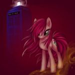  crossover cutie_mark doctor_who english_text equine female feral friendship_is_magic green_eyes hair hair_over_eye horse long_hair looking_at_viewer mammal my_little_pony pink_hair pony red_theme rose_(mlp) rose_tyler_(doctor_who) sakuyamon_(artist) solo tardis text 