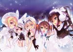  animal_ears black_hair blonde_hair blue_eyes brown_hair bunny_ears cecilia_alcott charlotte_dunois choco earmuffs earrings eyepatch gloves green_eyes hair_ornament hair_ribbon hand_to_own_mouth highres huang_lingyin infinite_stratos jewelry laura_bodewig looking_at_viewer multiple_girls non-web_source open_mouth red_eyes ribbon shinonono_houki silver_hair sky smile snow winter 