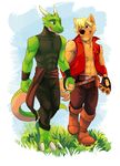  anthro biceps blonde_hair canine clothing dragon duo facial_hair fur gloves grass hair hand_holding horn jaryl jaryl_(character) jeniac male mammal muscles one_eye_closed pecs walking wink wolf wristband 