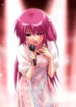  :o beads blurry blurry_background blush brown_eyes cowboy_shot dress futaki_kanata hair_beads hair_between_eyes hair_bobbles hair_ornament hand_on_own_chest holding holding_microphone idol leaning_forward little_busters! long_hair microphone music open_mouth pink_hair puffy_short_sleeves puffy_sleeves purple_hair short_sleeves simple_background singing solo teeth very_long_hair white_dress yellow_eyes zen 