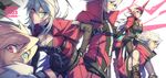  3boys alpha-01 belt blazblue blonde_hair bodysuit breasts cleavage coat forehead_protector genderswap genderswap_(mtf) green_eyes hand_on_hip heterochromia high_collar jou_(mono) large_breasts leaning_forward long_hair mecha_musume multiple_boys multiple_girls multiple_persona ragna_the_bloodedge red_eyes short_hair silver_hair smile younger 