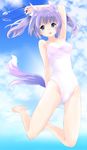  animal_ears arm_up armpits bad_id bad_pixiv_id bare_shoulders barefoot blue_eyes blue_sky cat_ears cloud day full_body goggles goggles_removed kouma looking_at_viewer midair one-piece_swimsuit open_mouth original outdoors purple_hair sky solo swimsuit tail tareme twintails white_swimsuit 