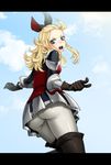  1girl angry armor armored_dress artist_request ass blonde_hair blue_eyes blush boots bow bravely_default:_flying_fairy breasts edea_lee female from_behind from_below gloves hair_bow long_hair looking_at_viewer open_mouth pantyhose pointing sideboob skirt sky solo upskirt white_legwear 