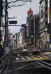  car contemporary crosswalk dated day ground_vehicle hayashi_ryouta motor_vehicle no_humans original real_world_location realistic road scenery shinjuku sign signature tokyo_(city) traffic_light 