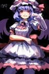  ascot asymmetrical_clothes asymmetrical_sleeves bat_wings blue_hair darkness dress hat hat_ribbon highres long_sleeves looking_at_viewer mob_cap myero puffy_sleeves red_eyes remilia_scarlet ribbon shaded_face short_over_long_sleeves short_sleeves signature smile solo touhou white_dress wings 