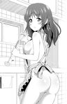  apron ass body_blush braid breasts from_behind greyscale hair_ribbon highres hiradaira_chisaki kitchen ladle large_breasts long_hair monochrome nagi_no_asukara naked_apron nectar_(fujiya) pot ribbon sideboob solo 