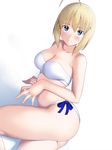  ahoge arm_support artoria_pendragon_(all) ass bandeau bikini blonde_hair blue_eyes blush breasts cleavage fate/stay_night fate_(series) highres looking_at_viewer medium_breasts saber shiny shiny_skin short_hair side-tie_bikini skylader smile solo swimsuit 