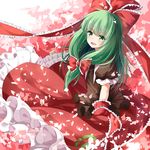  absurdres arm_ribbon bow front_ponytail green_eyes green_hair hair_bow highres kagiyama_hina long_hair open_mouth petals puffy_sleeves ribbon shirt short_sleeves skirt smile solo touhou transistor very_long_hair 