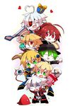  4girls ahoge bad_id bad_pixiv_id blazblue blonde_hair bodysuit box cape celica_a_mercury censored censored_food chibi dakimakura_(object) dead_spike egg eyepatch gift gift_box green_eyes green_hair happy hazama jin_kisaragi kuro_yuzu lambda-11 multiple_boys multiple_girls noel_vermillion nu-13 pillow ragna_the_bloodedge red_eyes silver_hair 