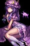  capelet coat crescent darkness dress hair_ribbon hat highres long_hair looking_at_viewer mob_cap myero open_clothes open_coat patchouli_knowledge purple_dress purple_eyes purple_hair ribbon sitting solo touhou tress_ribbon 