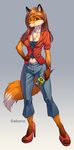  blouse breasts brown_hair canine chest_tuft clothing crop_top female fox fur gloves_(marking) gradient_background hair hand_on_hip high_heels looking_at_viewer mammal markings microphone midriff navel orange_eyes pants red_fur saikono socks_(marking) tuft watch white_fur 