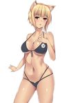  :o animal_ears bad_id bad_pixiv_id bare_shoulders bikini blonde_hair blush breasts cat_ears cleavage front-tie_top kuraishi_tanpopo large_breasts looking_at_viewer navel red_eyes shiny shiny_skin short_hair simple_background skindentation solo swimsuit unko_samurai white_background witch_craft_works 