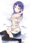  ? aqua_eyes black_legwear blush denim denim_skirt domotolain hiradaira_chisaki long_hair looking_at_viewer nagi_no_asukara no_shoes pencil_skirt purple_hair sitting skirt solo sweater thighhighs zettai_ryouiki 