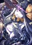  1girl abigail_williams_(fate/grand_order) bangs black_bow black_gloves black_hat black_panties blonde_hair bow evil_grin evil_smile fate/grand_order fate_(series) foreshortening from_above gloves grin hat highres kazuki_seihou key keyhole long_hair looking_at_viewer orange_bow panties parted_bangs polka_dot polka_dot_bow purple_bow red_eyes revealing_clothes sharp_teeth sleeves_past_fingers sleeves_past_wrists smile solo standing teeth tentacle underwear very_long_hair witch_hat 
