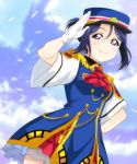  1girl alternate_hairstyle ascot blue_dress blue_hair collared_dress conductor day dress epaulettes gloves hair_bun hand_on_hip happy_party_train hat hat_feather highres kuusuke_(yo_suke39) looking_at_viewer love_live! love_live!_school_idol_project matsuura_kanan outdoors petals plaid_neckwear purple_eyes red_neckwear salute short_sleeves sidelocks smile solo whistle white_feathers white_gloves 
