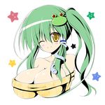  alternate_hairstyle bare_shoulders breasts frog_hair_ornament green_hair hair_ornament hair_tubes kochiya_sanae large_breasts long_hair looking_at_viewer one_eye_closed osashin_(osada) ribbed_sweater side_ponytail smile snake_hair_ornament solo star sweater touhou upper_body yellow_eyes 