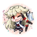  ;p bangs blonde_hair bow chibi hair_bow hair_flaps hair_ornament hair_ribbon hairclip kantai_collection long_hair noai_nioshi one_eye_closed open_mouth red_eyes remodel_(kantai_collection) ribbon scarf school_uniform serafuku short_sleeves skirt smile solo straight_hair text_focus tongue tongue_out torpedo translated turret yuudachi_(kantai_collection) 