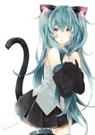  animal_ears bad_id bad_pixiv_id cat_ears cat_tail detached_sleeves green_eyes green_hair hands_on_own_chest hatsune_miku highres kuronyanko long_hair looking_at_viewer nail_polish necktie skirt solo tail thighhighs very_long_hair vocaloid white_background 