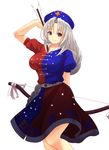  arrow bad_id bad_pixiv_id bow_(weapon) breasts brown_eyes hat highres large_breasts long_hair looking_at_viewer nurse_cap short_sleeves silver_hair simple_background skirt smile solo touhou weapon white_background x&amp;x&amp;x yagokoro_eirin 