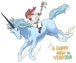  2014 boots brown_hair final_fantasy final_fantasy_xiv happy_new_year hebichan lalafell new_year pointy_ears riding robe staff twintails unicorn white_mage 