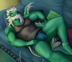  anthro beard biceps big_muscles body_markings bulge clothing dragon etness facial_hair fangs green_body green_dragon hair horn lying male markings muscles necklace rex_(orexo) sofa underwear 