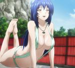  1girl :d arm_support bare_legs bare_shoulders barefoot blue_hair blurry blush body_blush breasts brown_eyes collarbone depth_of_field feet female fence hair_between_eyes hair_intakes jewelry large_breasts legs legs_up long_hair looking_at_viewer maken-ki! nijou_aki o-ring_bikini o-ring_bottom on_ground open_mouth outdoors pendant rock screencap shiny shiny_hair shiny_skin sling_bikini smile soles solo stitched sweat swimsuit thighs toes tree 